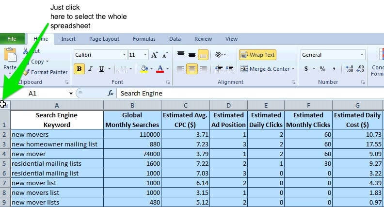 excel select all